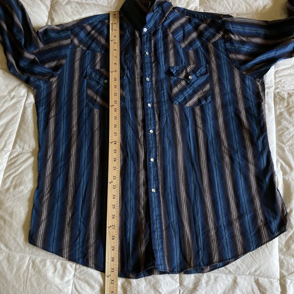 Vintage ELY Cattleman Men's XL Pearl Snap  LS Shirt Stripe Blue Brown Western - Picture 11 of 13